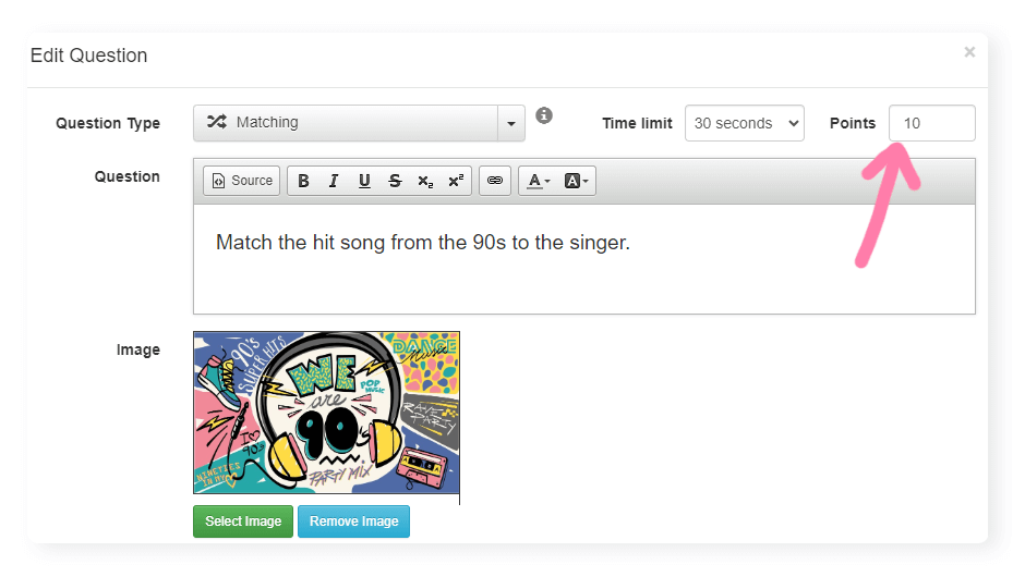 live quiz question editor with arrow to box for entering points