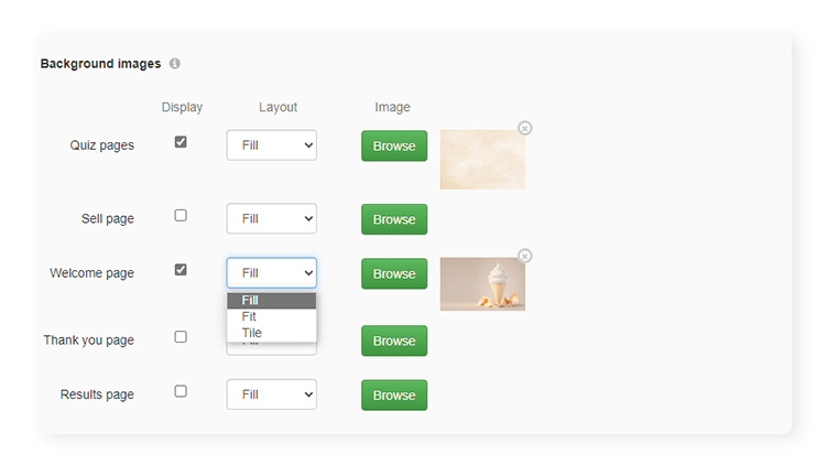 Configure page with options on where to upload a background image to a quiz