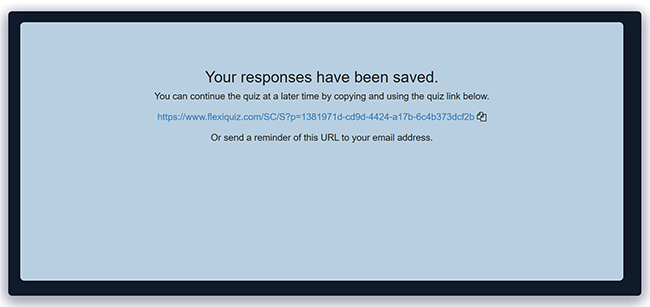 saved page message with link to resume the test 