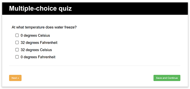 multiple choice quiz with save and continue button
