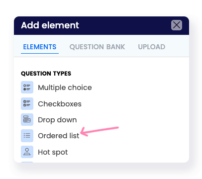 list of FlexiQuiz question types with arrow to ordered list