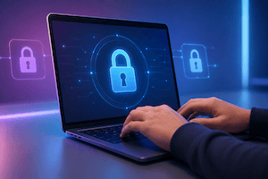 person taking a test on laptop with locks