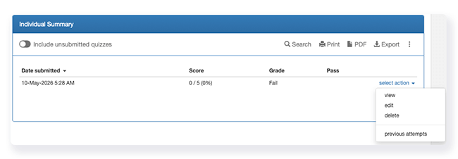 delete respondents quiz results screen