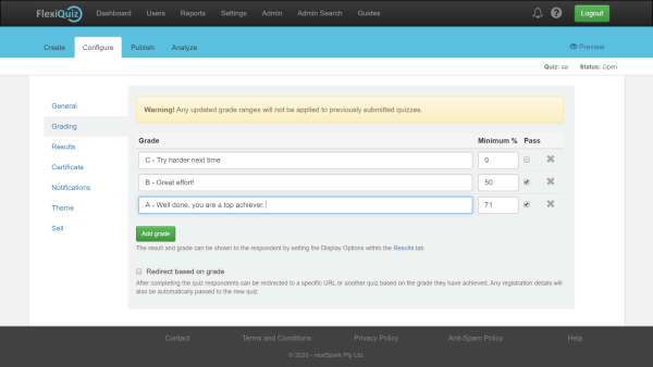 page to configure quiz results