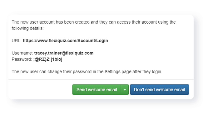 pop-up to confirm trainer account added and option to send welcome email