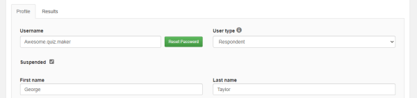 User profile screen with suspend tick box
