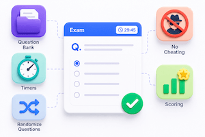 exam maker interface with question bank, timers and randomize questions