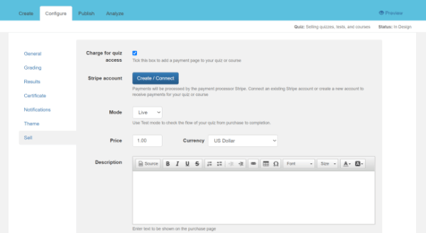 Configure sell page screen