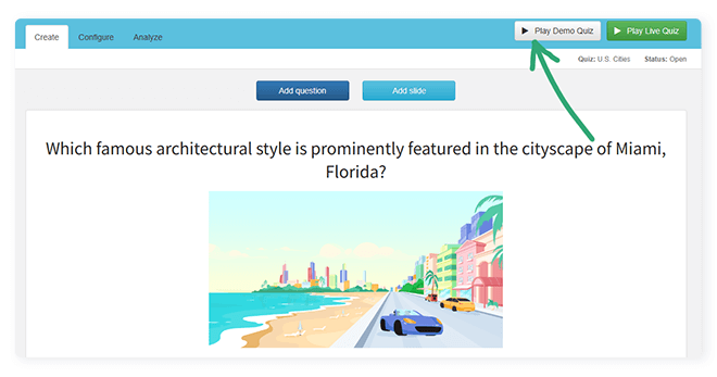 live quiz with an arrow pointing to start demo button