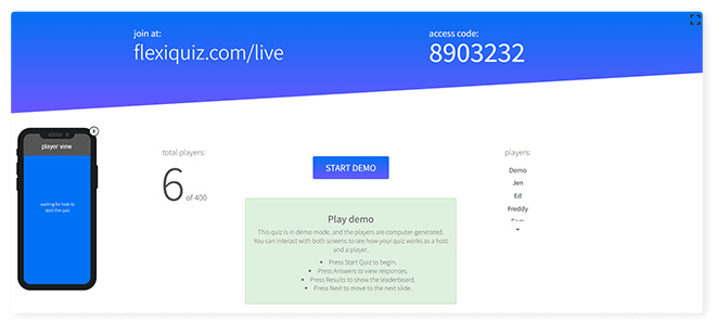 FlexiQuiz live hosts screen and players mobile view