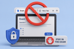 laptop with sign to deter cheating