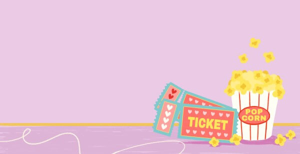 pair of romantic movie tickets with bucket of popcorn for movie trivia quiz