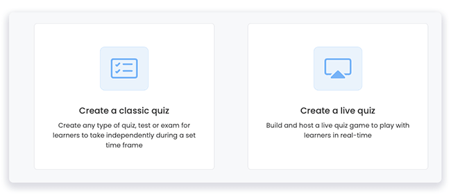 screen for option create classic quiz or create live quiz