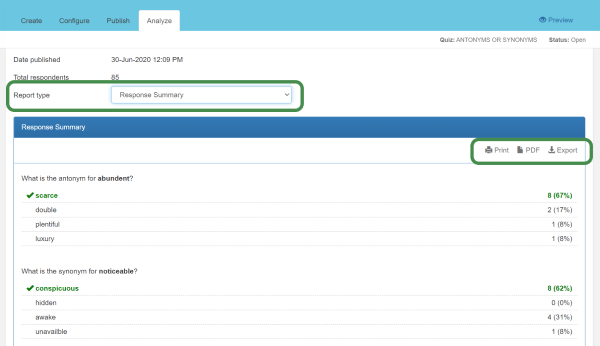 Response summary example on the analyze screen