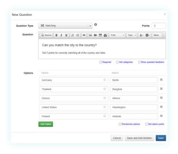 create a matching question screen