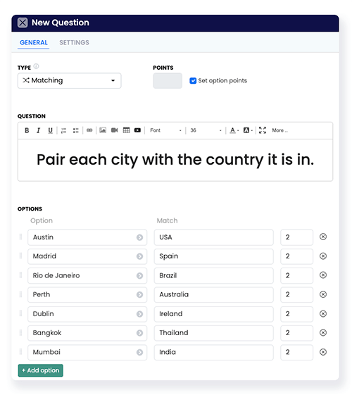 quiz question for matching example of where the response for each question