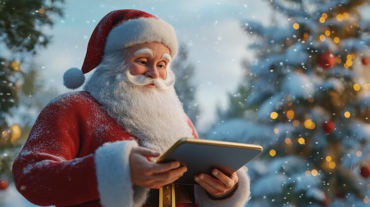 Father christmas making a trivia quiz on his tablet