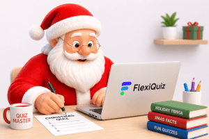 Santa making a Flexi Quiz Christmas Trivia Quiz on a laptop