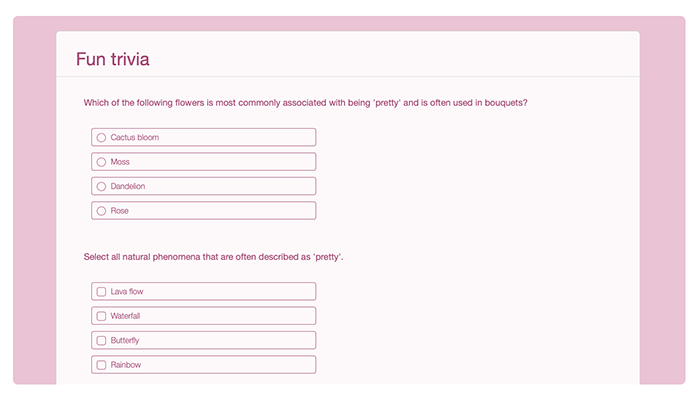 quiz questions with a color background and a border