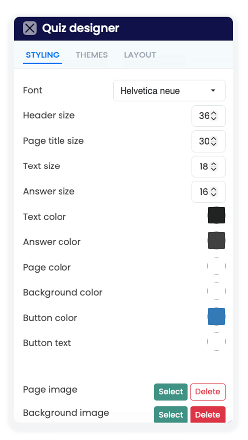 FlexiQuiz quiz styling panel