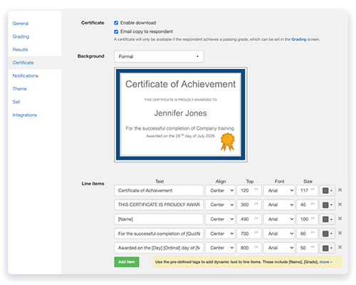 FlexiQuiz certificate options page
