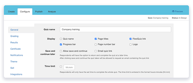 FlexiQuiz configure tab