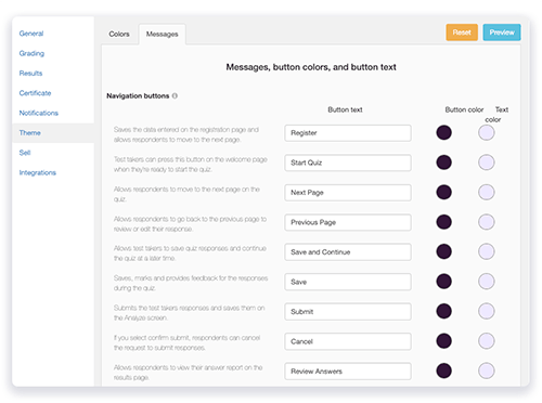 FlexiQuiz theme message options for colors of messages, button color