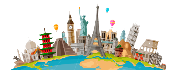 Famous landmarks including statue of liberty and big ben