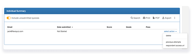 Quiz analyze screen with option for quiz link