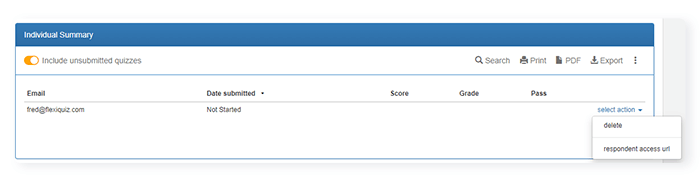 Analyze quiz results screen with drop down menu for quiz URL