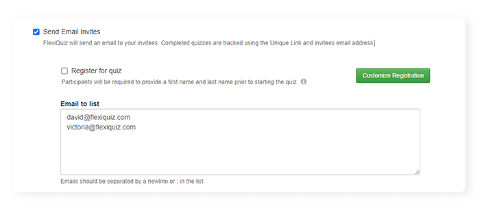 Box to enter email address for sending a quiz you make with FlexiQuiz