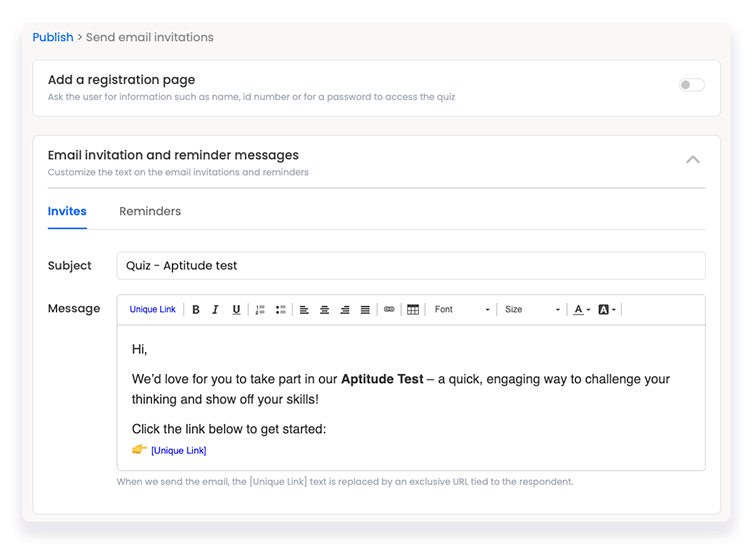 Quiz invitation with sample text giving learners instructions on how to take the test