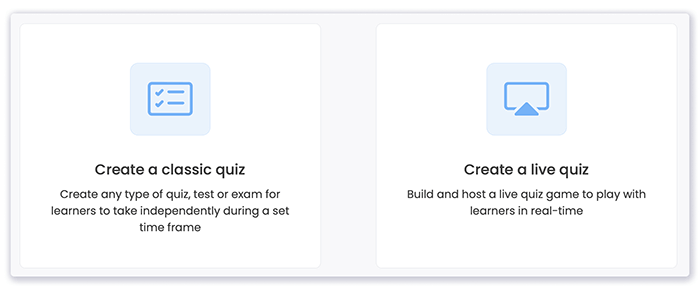 Options to make a live quiz or classic quiz