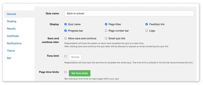 FlexiQuiz configuration page for making your quiz