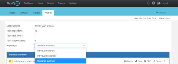 Drop-down menu for the response summary report