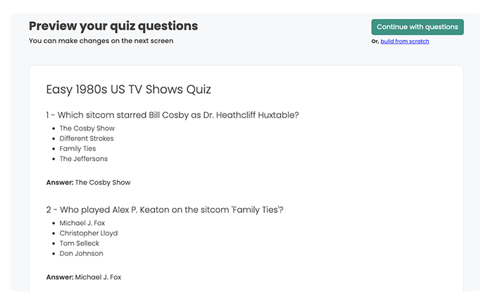 List of questions generated with AI