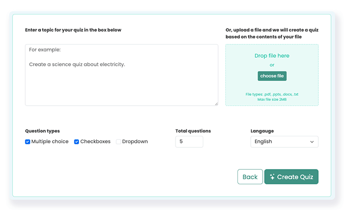 ai question generator with place to type prompt or upload file