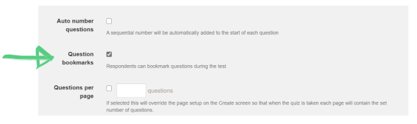 Arrow to bookmark option on the configure quiz screen