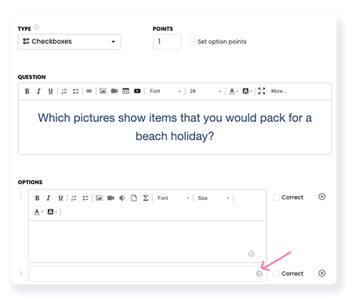 check box question editor with arrow on answer options to upload image