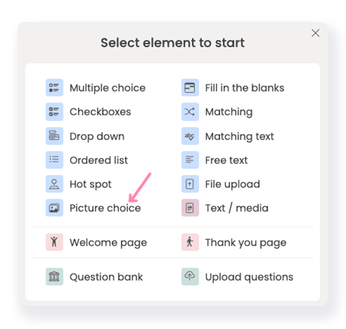 List of FlexiQuiz question types with arrow to picture choice