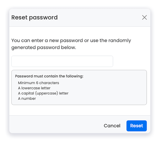 pop up screen to reset password