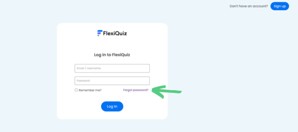 FlexiQuiz log in page with arrow to button to press if users forget password