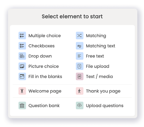 List of question type and page elements you can add to a FlexiQuiz