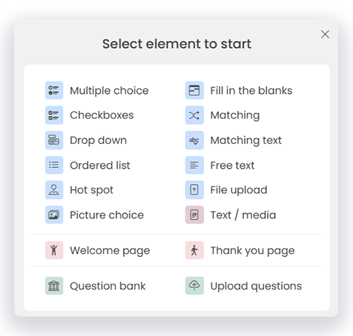 List of question type and page elements you can add to a FlexiQuiz