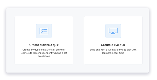 FlexiQuiz options to create a classic or create a live quiz