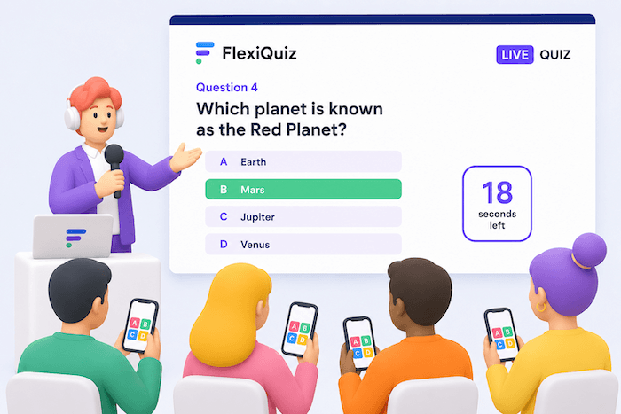 Person hosting a live quiz with FlexiQuiz