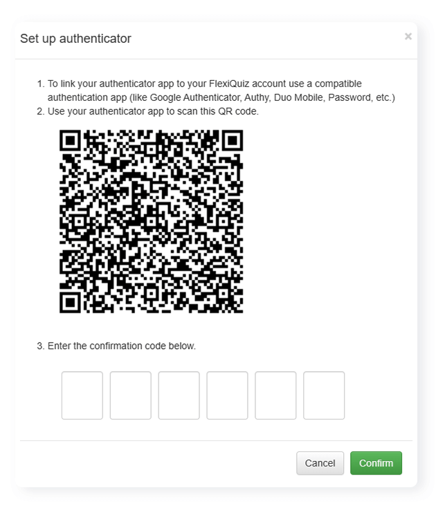 FlexiQuiz two-factor authentication screen with a QR code