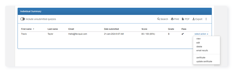 individual summary screen showing how to download certificate