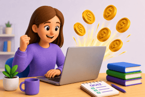 person using a laptop to make money using Flexi Quiz quizzes