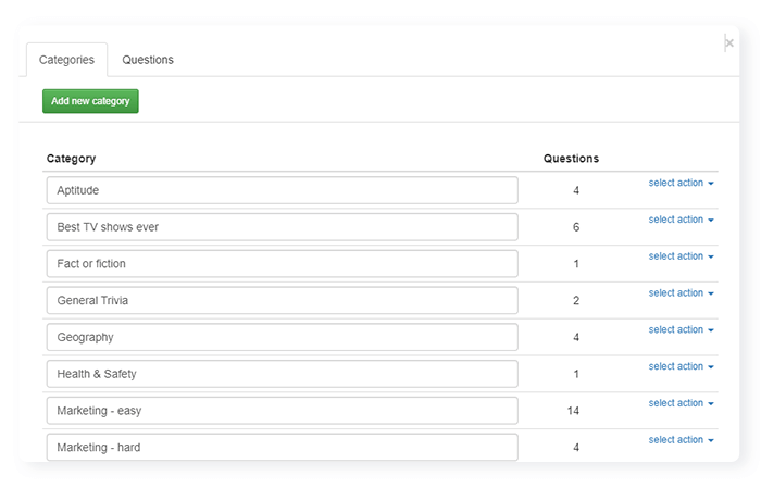 Quiz question bank split by category